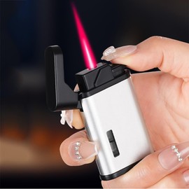 Red Flame Torch Lighter Windproof Jet Compact Lighters Refillable Butane Adjustable with Gas Window Dust Cover (Butane Not Included)(Silver)