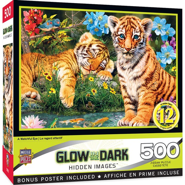 Masterpieces 500 Piece Glow in The Dark Jigsaw Puzzle for Adults, Family, Or Kids - A Watchful Eye - 15"x21"