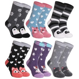 SDBING 6 Pairs Kids Wool Hiking Socks Toddler Boys Girls Winter Warm Cozy Thick Thermal Boot Socks (8-12 Years, Cute Animal)