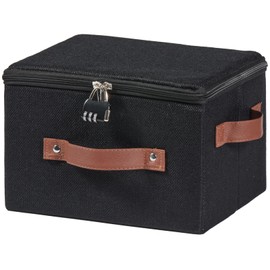 VinneGenzz Storage Bins Boxes with Zipper Lid Combination Lock PU Leather Handles Cotton Linen Fabric Lidded Lockable Baskets Foldable Washable Closet Shelf Organizer Container (Black, Small)