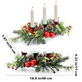 MrMrKura Christmas Tabletop Centerpiece with 3 Candle Holders, Table Decorations with Pine Cones and Red Berry Indoor Christmas Decorations for Dining Room Decor