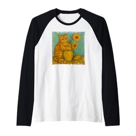 Sunflowers Orange Tabby Cat Painting Famous Artist Novelty Raglan Baseball Tee