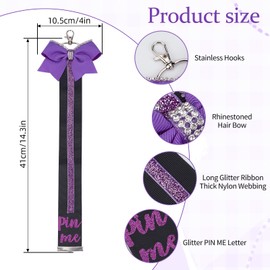 NICENEEDED 2 PCS Cheer Pin Me Ribbon for Backpack, Cheer Pin Strap Bow Keychain with Rhinestones, Purple Cheerleader Bag Tag Holder, Cheerleading Sports Accessory