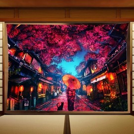 FENDROM Japanese Anime Tapestry Ancient Japanese Night Street Landscape Tapestries, Red Cherry Blossom Lantern Wall Hanging For Living Room Bedroom Dorm