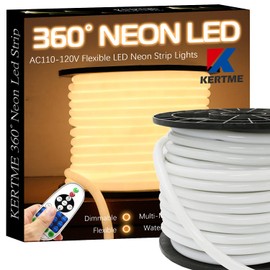 KERTME 360° Neon Led Type AC 110-120V 360 Degree NEON LED Light Strip, Flexible/Waterproof/Dimmable/Multi-Modes LED Rope Light + Remote for Home/Garden/Building Decor (32.8ft/10m, Warm White 3500K)
