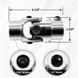 Ovabeyna 13/16"-36 Spline X3/4" Round Chrome Steering Universal Joint Single U Joint Shaft,Total Length: 83mm (3-1/4")