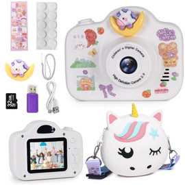 Kids Camera, Christmas Birthday Gifts for Children Age 3-8, HD Digital Video Cameras for Children, Portable Toy for 3 4 5 6 7 8 Year Old Kid with 32GB SD Card and Cute Children's Camera Bag (White)