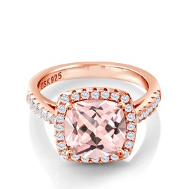 Gem Stone King 2.50 Cttw 8MM Cushion Peach Nano Morganite and White Created Sapphire 18K Rose Gold Plated Silver Ring for Women | Gemstone Birthstone | Size 5,6,7,8,9