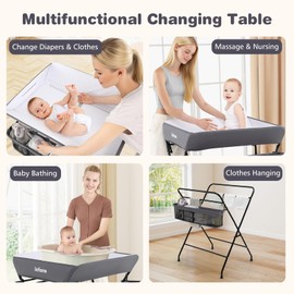 INFANS Baby Changing Table with Wheels, Portable Folding Diaper Station Nursery Organizer with Storage Basket, Hanging Rack, Adjustable Height, Safety Belt for Newborn Infant (Gray)