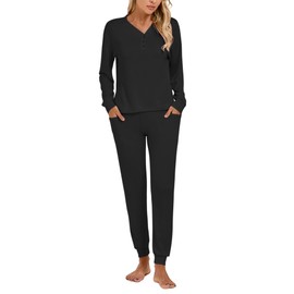 Famulily Comfy Pj Sets for Women Long Sleeve V Neck Nightwear Soft Cotton Loungewear Pjs Set Black S