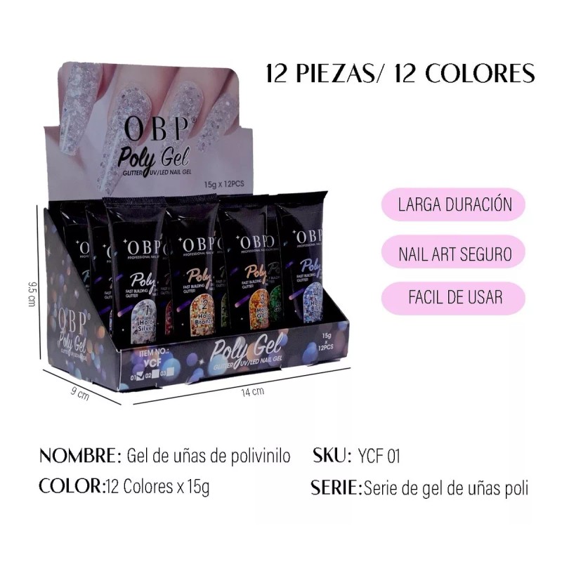 Obp Poligel Nail Glitter Grueso Para Decoración De Uñas 12pz15ml