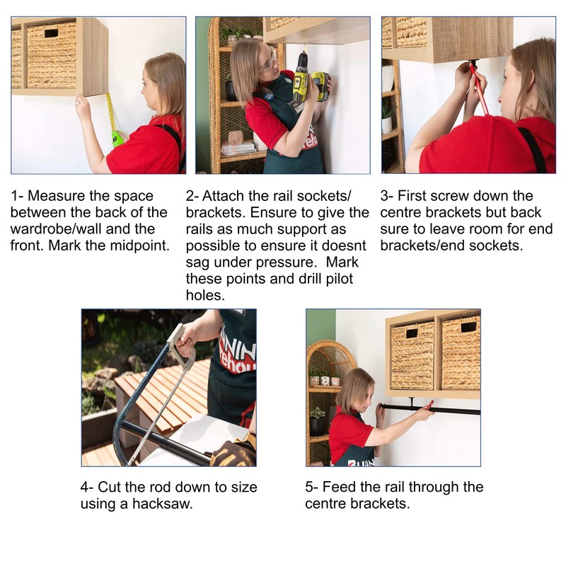 Wardrobe Rail Black Mounted Kit for Clothes Hanging (1 rail,