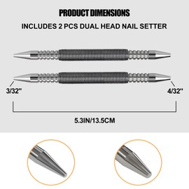 ZATUX 2 Pcs Dual Head Nail Setter 3/32″ and 1/8″ Spring Loaded Nail Set Hammerless Double Ended Nail Punch Tool, 3500 PSI Striking Force Counter Punch