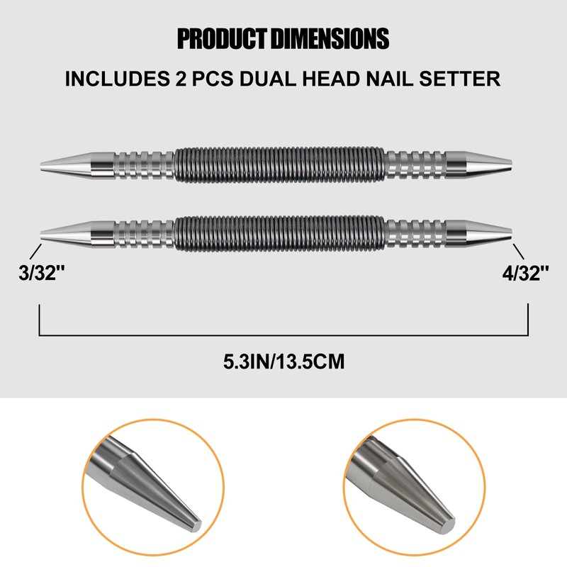 ZATUX 2 Pcs Dual Head Nail Setter 3/32″ and 1/8″