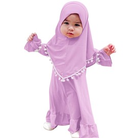 Kids Baby Girls Muslim Dress Ramadan One Piece Maxi Prayer Dress with Hijab Islamic Dubai Abaya Full Cover Kaftan Lavender 0-6 Months