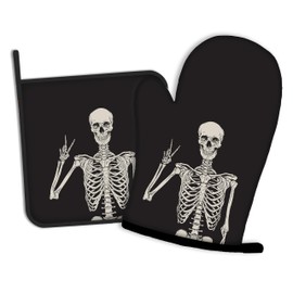 Human Skeleton Posing Oven Mitts and Pot Holders Kitchen Cooking Gloves 2 Pcs Set Heat Resistant Pad for Baking BBQ Home Decor