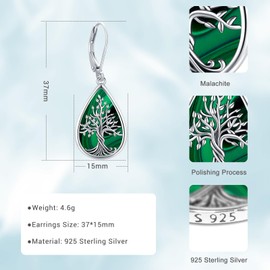 Eusense Tree of Life Earrings 925 Sterling Silver Water Drop Earrings with Malachite Tree of Life Hanging Earrings Jewellery Gift for Women Girls, Sterling Silver