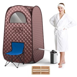 COSTWAY Portable Steam Sauna, Full-Body Personal Sauna Tent w/ 3L Steam Generator, Foldable Chair, Foot Massager, Timer, Remote Control, Indoor Pop-up Sauna Tent for Home Spa Relaxation (Coffee)