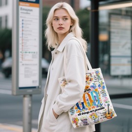 Ialtsidws Aesthetic Christian Tote Bag - Artistic 'With God All Things Are Possible' Print, GOD-Focused Canvas Bag for Women, Magnetic Snap Closure & Zipper Inner Pocket, Church Bible Study Gift