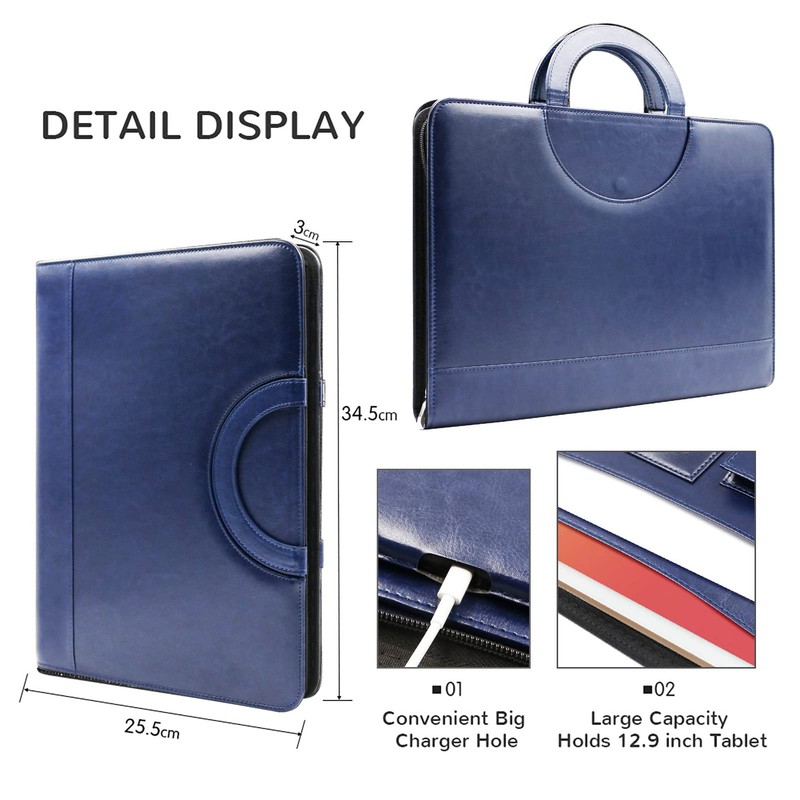 Darolin Zippered Leather Padfolio Portfolio with Hidden Handle and Clipboard,
