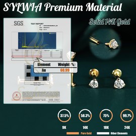 SYLWIA 14K Real Gold Lip Rings Stud, 16g Internally Thread Ashley Piercing Lip Jewelry, Moissanite - 2.5mm 3mm, 18g Nose Conch Helix Tragus Labret Stud for Women Men (2.5mm/8mm/18g)