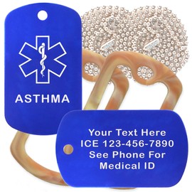 Custom 2 Pack - Asthma Medical Alert ID Necklaces with Black Custom Tags, Camo Desert Silencers, and 30'' USA Chains