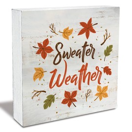 Rustic Sweater Weather Wood Box Sign Fall Autumn Wooden Box Sign Farmhouse Home Desk Shelf Decor (5 X 5 Inch)