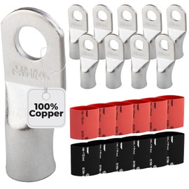 SELTERM 10pcs - 4/0 Awg - 1/2" Stud - Battery Lugs - Ring Terminal Connectors with 12pcs 3:1 Black & Red Heat Shrink Tubing with Adhesive | Heavy Duty Battery Cable Ends - Tinned Copper Wire Lugs Kit