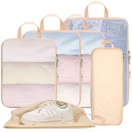 Cambond Mesh Compression Packing Cubes - 6 Set See Through Clear Packing Cubes for Travel Suitcases with Shoe Bag, Lightweight Expandable Luggage Packing Organizer Travel Cubes for Packing, Khaki