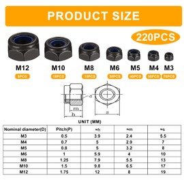 qxayxa 220 Pcs Nylon Lock Nuts, Hex Lock Nut Assortment Kit, Nylon Insert Hex Nut Set, Locknuts, Black Carbon Steel Self-Locking Nuts, Metric M3 M4 M5 M6 M8 M10 M12