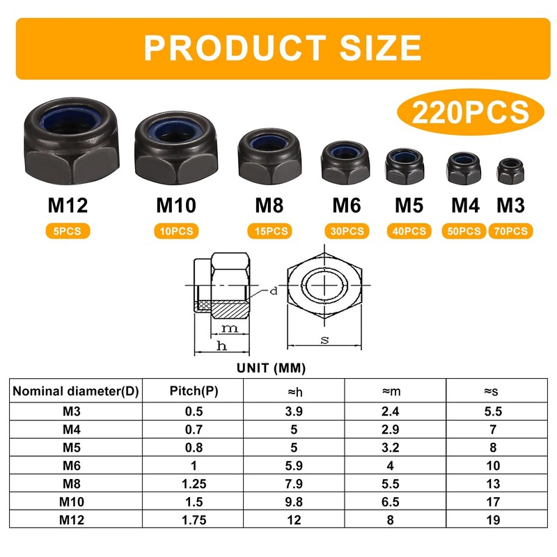 qxayxa 220 Pcs Nylon Lock Nuts, Hex Lock Nut Assortment