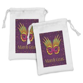 Ambesonne Mardi Gras Fabric Pouch Set of 2, Festival Design on Purple Backdrop with Stars and Colorful Dots, Small Drawstring Bag for Toiletries Masks and Favors, 9" x 6", Purple Orange Green
