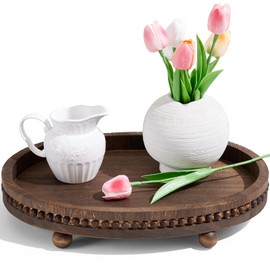 HouseJoy Wooden Decorative Tray-16×11.8" Oval Distressed Coffee Table Tray Decor ，Kitchen Dining Table Serving Tray Home Decor Thanksgiving Table Decor,Wood Beaded Farmhouse Tray for Bathroom Decor