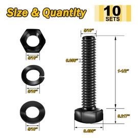 Mywish (10 Sets) 5/16-18 x 1-1/2" Hex Head Bolts and Nuts with Flat & Lock Washers, 304 Stainless Steel 18-8, Fully Threaded, Black Oxide Bolt Kit, 5/16 Bolt