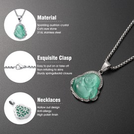 WESTMIAJW Lucky Laughing Mint Green Buddha Pendant Chain Necklace Silver Amulet Jewelry for Men Women 60cm