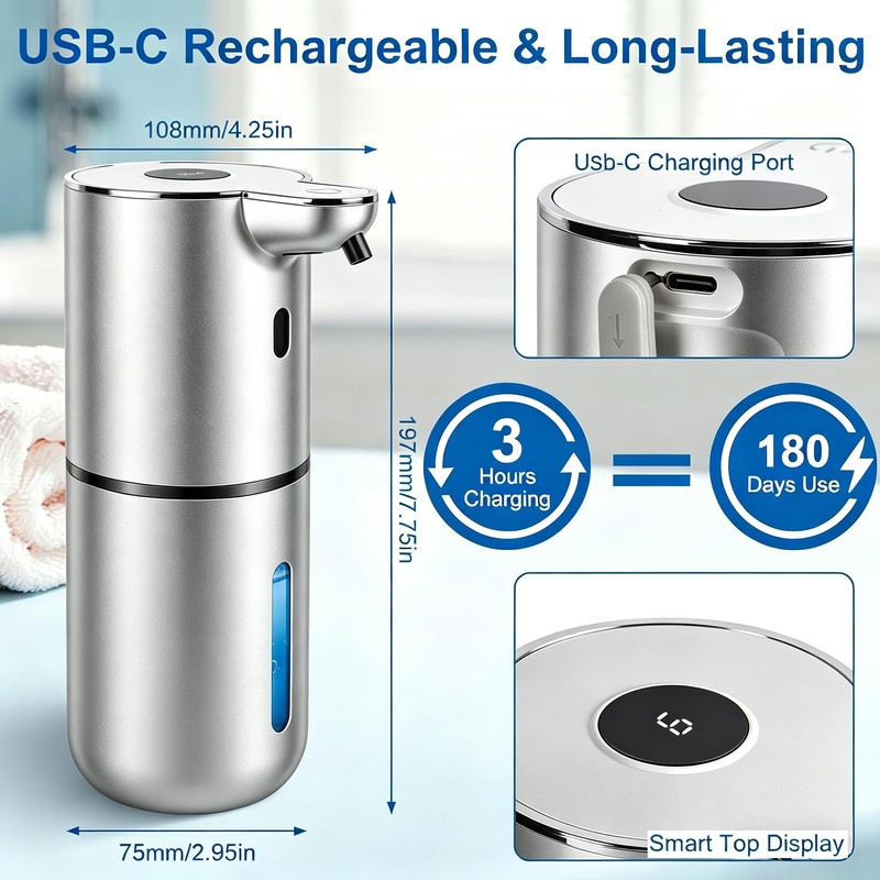 Automatic Soap Dispenser, Hand Soap Dispenser 12.8oz/380ml Smart Rechargeable, Liquid
