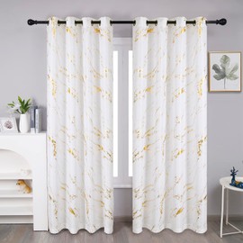 Taisier Home Gold Foil Print Linen Textured Curtains Geometric Marble Pattern Design Curtains for Living Room Thermal Insulated Window Treatment 2 Panels 84" L,Off White and Gold Curtains Print