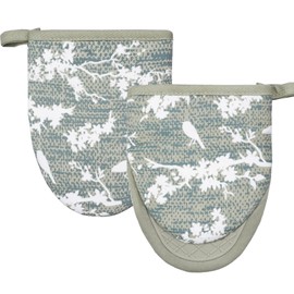 Alselo Mini Silicone Oven Mitts, Heat and Slip Resistant Kitchen Gloves 2-Pack Set, Birds Flower Soft Short Oven Mittens, Flexible Thick Pot Holders for Safe Cooking Baking and Grilling (Mini, Aqua)