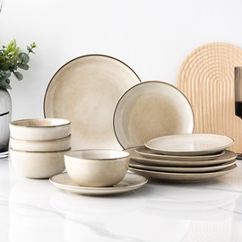 AmorArc Stoneware Dinnerware Sets for 4, 12 Pieces Handpainted Ceramic Plates and Bowls Set, Scratch Resistant Dishes Set, Dishwasher & Microwave Safe, Cappuccino