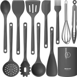 Silicone Cooking Utensils Set - 600°F Heat Resistant, Nonstick Kitchen Utensil Set with Spatulas, Spoons, Whisk, Tongs, BPA Free, Dishwasher Safe (Gray)