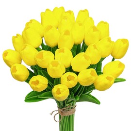 Deorok 30pcs Artificial Latex Tulips Flowers Faux Tulip Stems PU Real Touch Tulips for Wedding Party Home Decoration (Yellow)