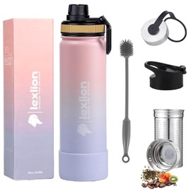 Lexlion Tea Infuser Bottle - Fruit Infuser Water Bottle 22 Oz, Triple Walled Insulated Stainless Steel Bottle, Thermal Leaf, Silicone Sleeve, 3 Lids Leakproof, Metal Mug Gallon