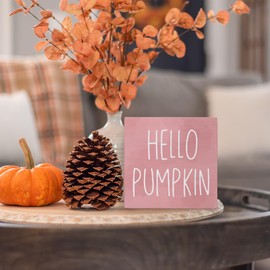 Yetmadi Pink Fall Decor Wooden Box Sign, Hello Pumpkin Sign, Thanksgiving Harvest Wooden Square Desk Block Signs Decor for Farmhouse Home Indoor, Fall Decorations for Home, 5x5