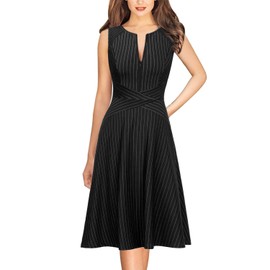 VFSHOW Womens Black and White Striped Print Elegant Slim Zipper up Pockets Work Business Office Party Skater A-Line Dress 2350 BLK M
