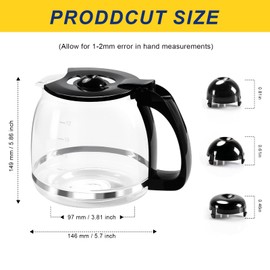 12-Cup Glass Coffee Carafe Replacement Pot Compatible with Mr Coffee, Black & Decker and 12 Cup Kitchenaid Carafe Black with Close Handle, Replacement for PLD12, PLD12-RB, PLD12-NP