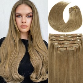 Lacerhair Remy Hair Clip in Extensions Human Hair Color #8 Light Brown 16 Inch Real Natural Lace Clip in Hair Extensions Silky Straight Full Head 7 Pieces 120 Gram Per set