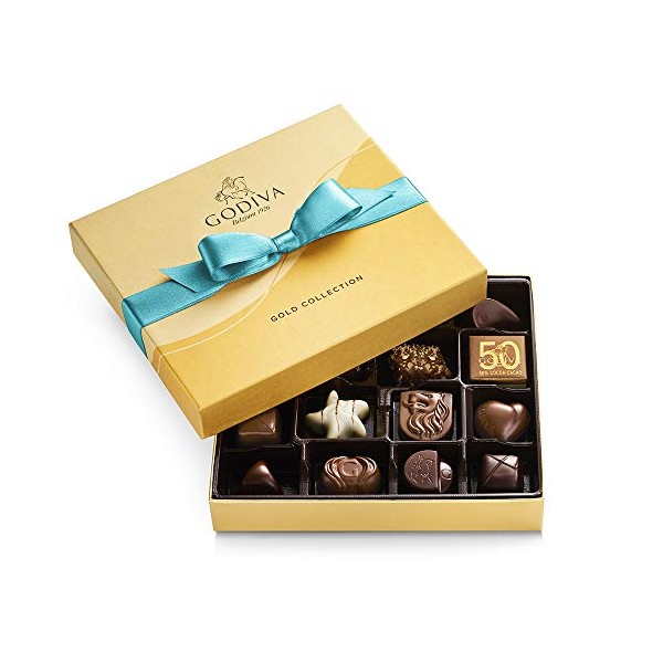 Godiva Chocolatier Assorted Chocolate Gift Box - Assorted Dark, Milk, White, Raspberry, Caramel, and Chocolate- Blue Ribbon Classic Gold Box - 19 pieces