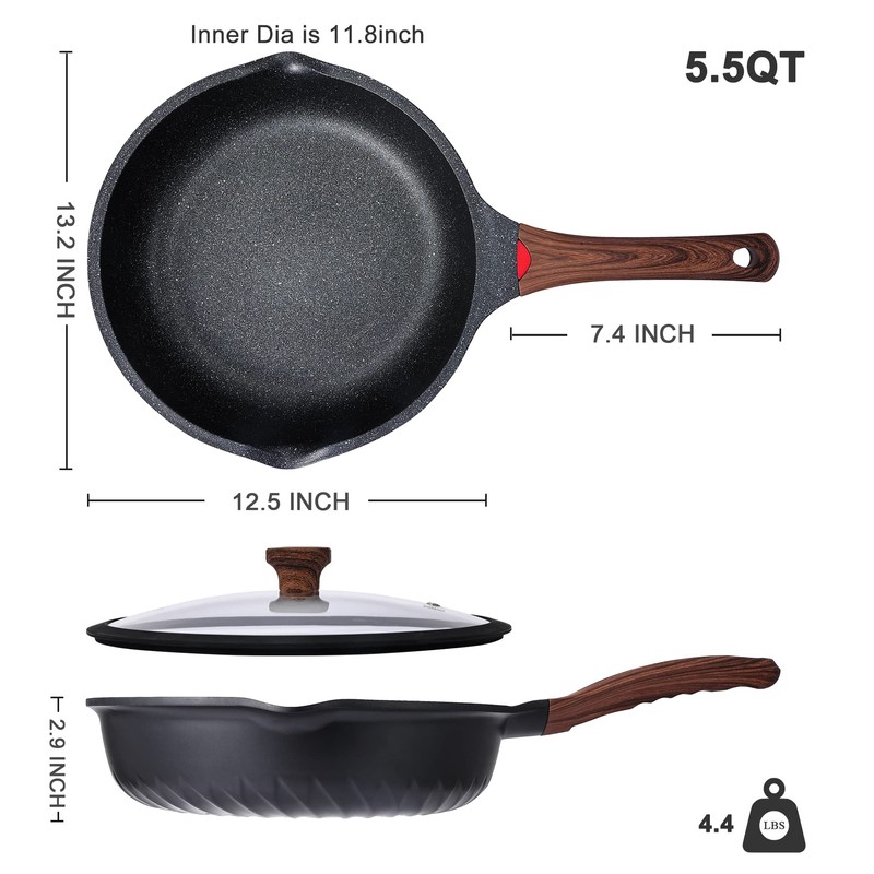 Vinchef Nonstick Deep Frying Pan Saute Pan with Lid, 12in/5.5Qt