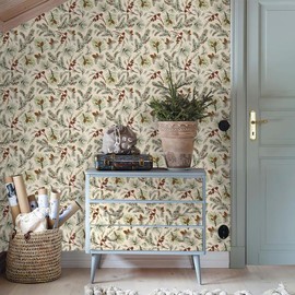 Rustic Cream Beige Green Pine Tree Cone Leaf Christmas Peel and Stick Wallpaper Contact Paper Vintage Vinyl Stick on Wall Paper for Bedroom Bathroom Kitchen Cabinet Renter Friendly