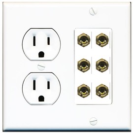 RiteAV 6 Banana 3 Speaker Surround Female Coupler Binding Post Wall Plate - Round Outlet [White]